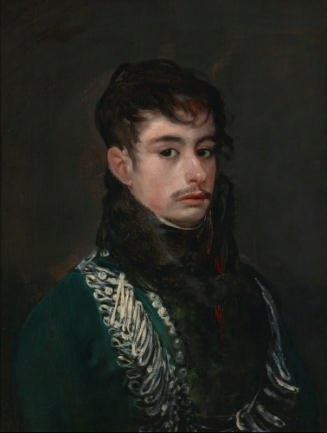 oil painting of an officer in dark clothing with black hair against a dark gray background