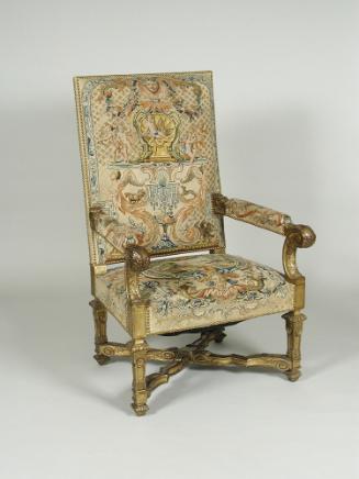 Armchair Showing Grotesque Compositions on Beige Ground (Part of a Set of One Canapé and Four A…