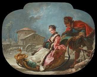 oil painting of a woman in a sleigh being pushed through the snow by a man 