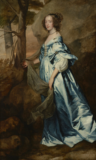 Oil painting of a woman wearing a blue dress and standing outside