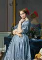 oil painting of a woman in a blue dress leaning against a dresser in front of a mirror