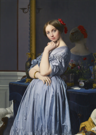 oil painting of a woman in a blue dress leaning against a dresser in front of a mirror