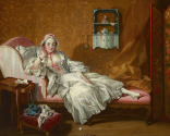 oil painting of a woman in white dress reclining on a day bed