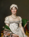 oil painting of a seated woman in a white dress wrapped in an emerald shawl and wearing a headp…