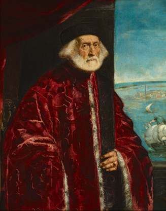 oil painting of a Venetian Procurator with a white beard and wearing a red cloak