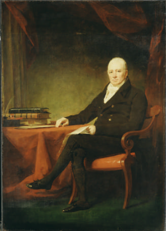 Oil painting of man wearing a black suit sitting at desk