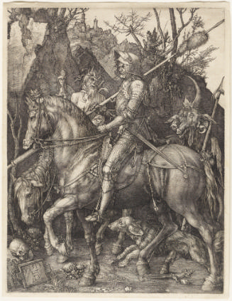 Black and white engraving of a mounted knight in armor facing left and riding through a rocky l…