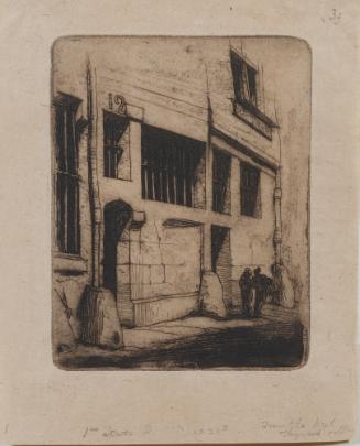 Black and white etching on light brown paper of a street in Paris with stone buildings on the l…