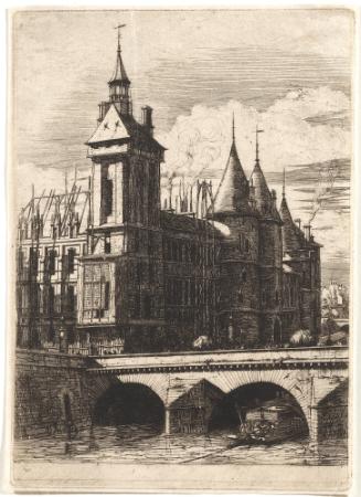 Black and white etching of an arched stone bridge over a river with a large clock tower on the …