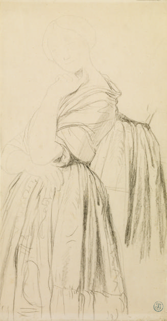 Chalk and pencil drawing of a woman in mid-nineteenth century dress with her head resting on he…