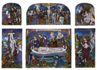 Front view of a Double-Tiered enameled polychrome Triptych depicting Scenes from the Passion of…