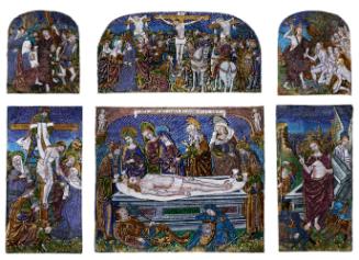 Front view of a Double-Tiered enameled polychrome Triptych depicting Scenes from the Passion of…