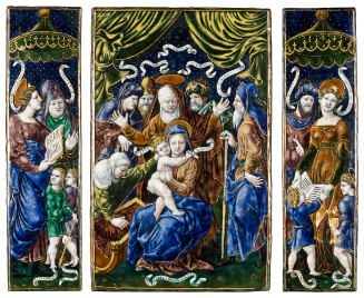 Front view of enameled polychrome Triptych depicting The Lineage of St. Anne