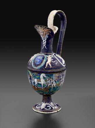 Front view of an enameled Ewer with scenes depicting The Trojan Horse and A Cavalry Combat