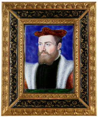 Front view of polychrome enamel portrait of Odet de Coligny, Cardinal de Chatillon (1515–1571) …