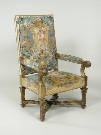 Armchair Showing Grotesque Compositions on Beige or Blue Grounds (Part of a Set of One Canapé a…