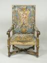 Armchair Showing Grotesque Compositions on Beige or Blue Grounds (Part of a Set of One Canapé a…