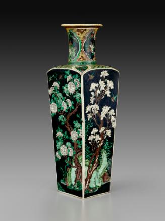 Square porcelain vase with black ground and floral and vegetal designs