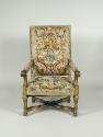 Armchair Showing Grotesque Compositions on Beige Ground (Part of a Set of One Canapé and Four A…