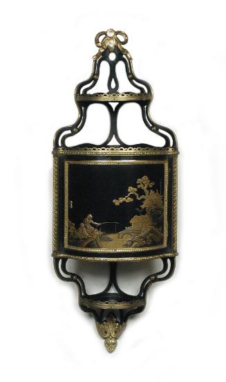 Hanging Corner Cabinet with Panels of Black-and Gold Tôle (One of a Pair)