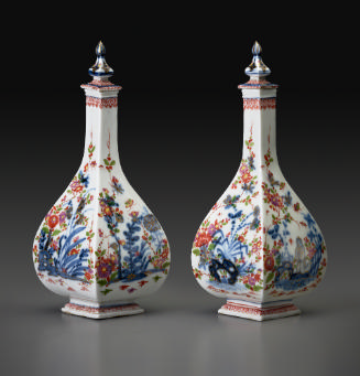 Pair of porcelain four-sided bottles with stoppers.  There are details of flowers and scenes in…