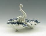 Blue and white porcelain tray with three containers and white fish