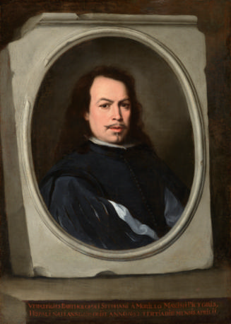 Oil painting of a man's bust with black hair, set within a fictive stone frame.