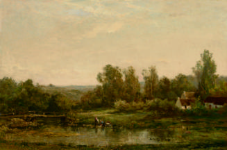 Oil painting of landscape with lake and house