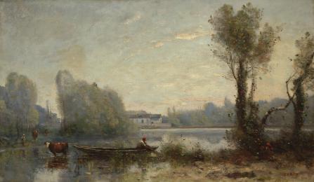 Oil painting of landscape with boat on water