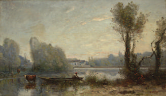 Oil painting of landscape with boat on water
