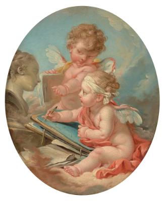 oil painting of two nude children with wings drawing