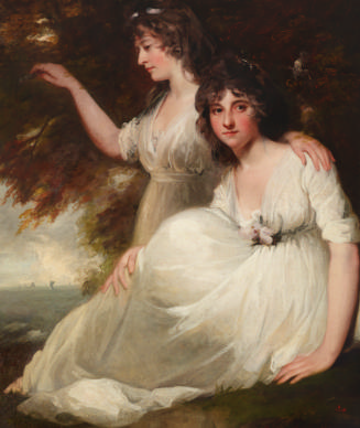 Oil painting of two sitting woman wearing white dresses