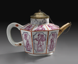 White porcelain teapot with silver lid and spout connected by a chain and decorated with purple…
