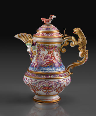 White porcelain ewer with a leopard handle and chicken lid decorated with corlorful bands of pa…