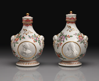 Pair of white porcelain pilgrim flasks decorated with medallic profile portraits and garlands o…