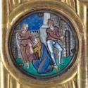 Round medallion with woman, man, and executioner