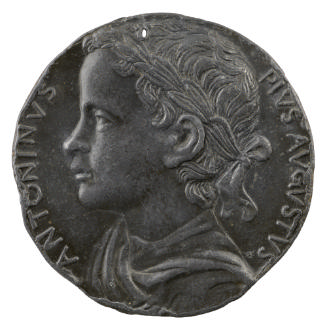 Lead portrait medal of Caracalla as a young boy, laureate and in profile to the left