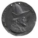 Lead portrait medal of Emperor John VIII Palaeologus wearing a large pointed hat in profile to …