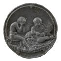 Lead medal depicting, on the left, a seated, nude, young boy, crying, with his hands over his f…