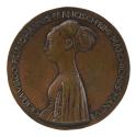 Bronze portrait medal of Cecilia Gonzaga wearing a high-necked, high-waisted dress with full sl…