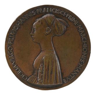 Bronze portrait medal of Cecilia Gonzaga wearing a high-necked, high-waisted dress with full sl…