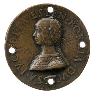 Bronze portrait medal of Lucrezia Borgia in profile to the left. She wears a jeweled band in he…