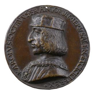 Bronze portrait medal of King Charles VIII of France in profile to the left, wearing a large me…