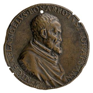 Bronze portrait medal of Michelangelo, bearded and in profile to the right