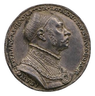 Silver portrait medal of Lorenz Staiber, wearing a mustache and curly sideburns, a hat, a high-…