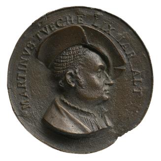 Bronze portrait medal of Martin Tucher wearing a hat in profile to the right