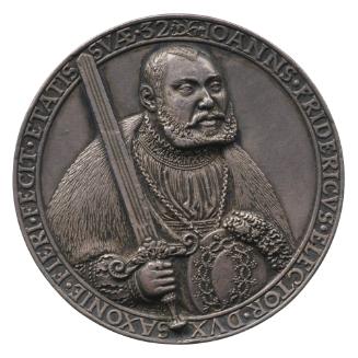 Silver portrait medal of Johan Friedrich of Saxony wearing a fur robe, holding a sword in his r…