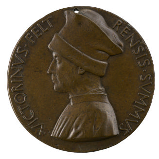 Bronze portrait medal of Vittorino da Feltre wearing a large hat and a high-collared robe in pr…