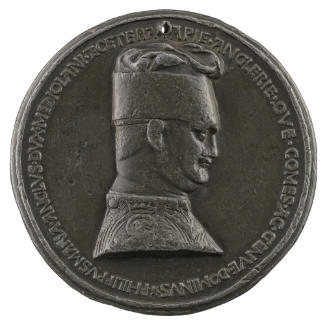 Lead portrait medal of Filippo Maria Visconti wearing a large hat, with a double-chin, in profi…
