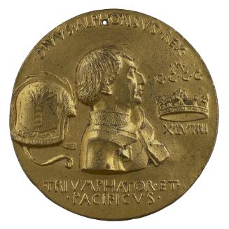 Gilt bronze portrait medal of Alfonso of Aragon in armor and chainmail, in profile to the right…